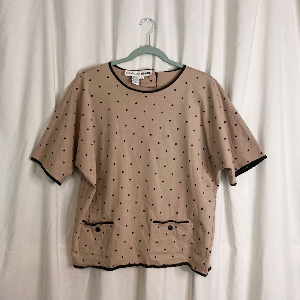 VTG 80s Tan Polka Dot Short Sleeve Knit Top Chaus Woman 1X Fits L Retro Career